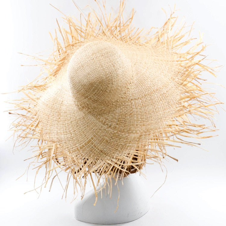 Boho Hat, Sun Beach Hat, Fringed Wide Brim Straw Hat, Fleur in Beige
