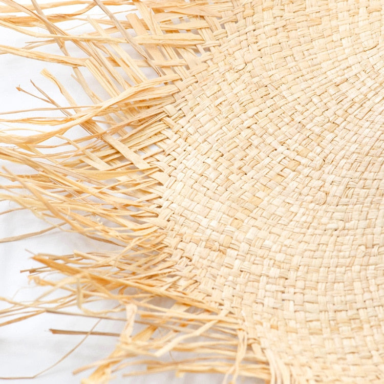 Boho Hat, Sun Beach Hat, Fringed Wide Brim Straw Hat, Fleur in Beige