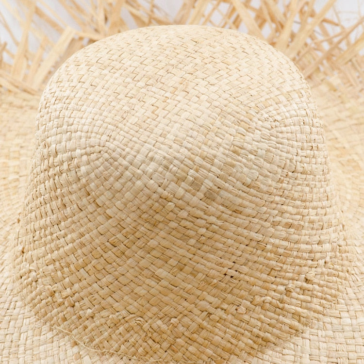 Boho Hat, Sun Beach Hat, Fringed Wide Brim Straw Hat, Fleur in Beige