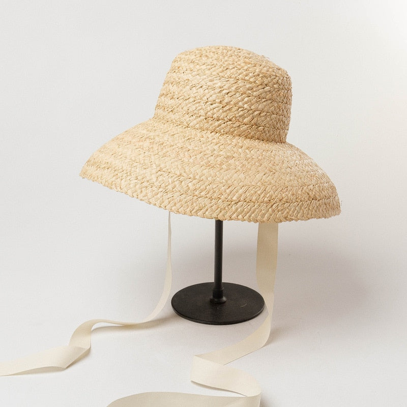 Boho Hat, Sun Beach Hat, Raffia Hat, Camila Retro Bucket Hat with Black and White Ribbon