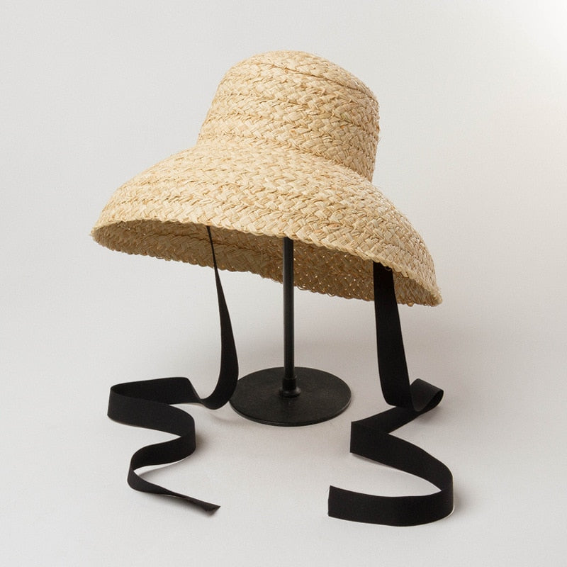 Boho Hat, Sun Beach Hat, Raffia Hat, Camila Retro Bucket Hat with Black and White Ribbon