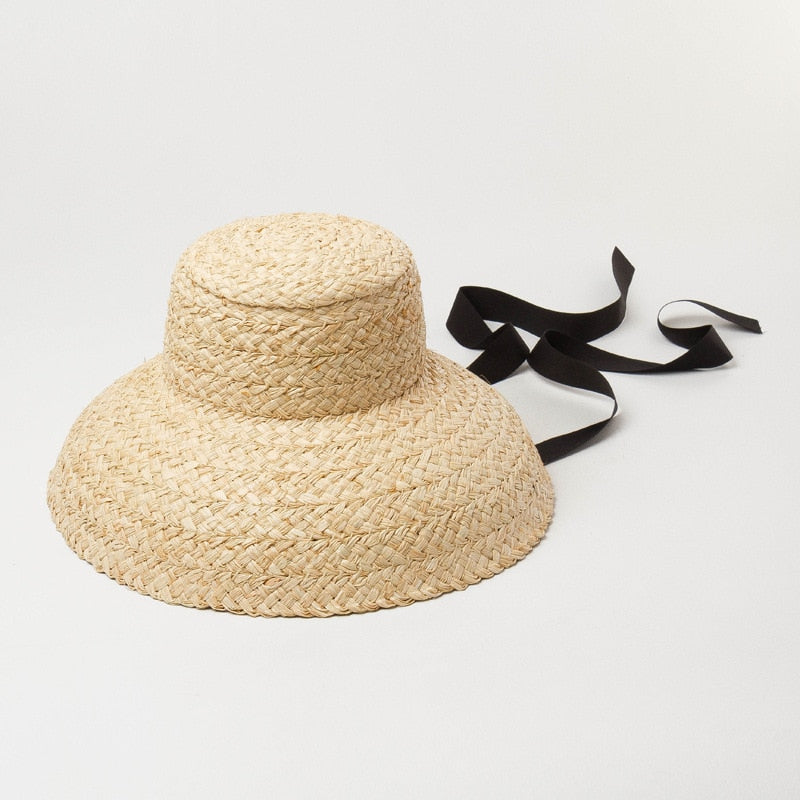 Boho Hat, Sun Beach Hat, Raffia Hat, Camila Retro Bucket Hat with Black and White Ribbon