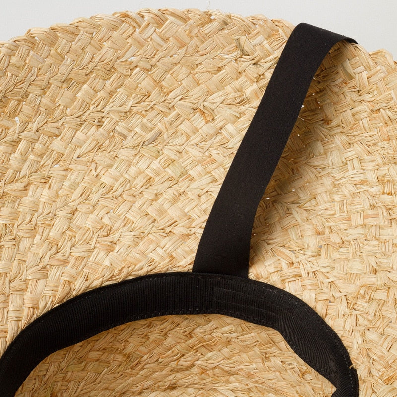 Boho Hat, Sun Beach Hat, Raffia Hat, Camila Retro Bucket Hat with Black and White Ribbon
