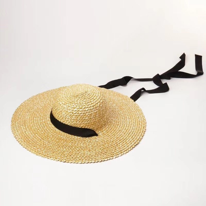 Boho Hat, Sun Beach Hat, Wide Brim Straw Hat, Sierra with Black and White Ribbon