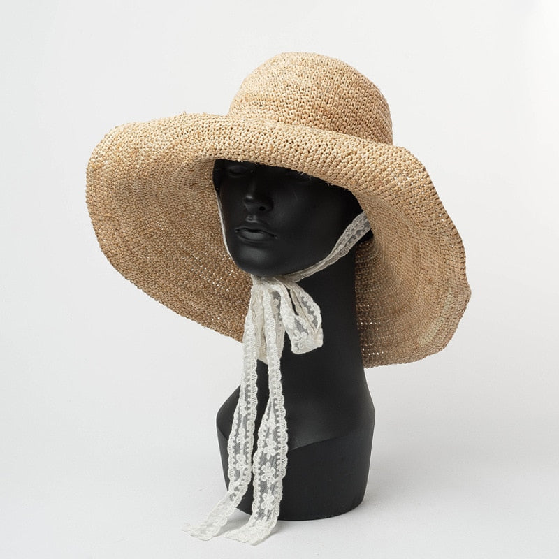 Boho Hat, Sun Hat, Crochet Raffia Bucket Hat, Renata with White Lace Ribbon