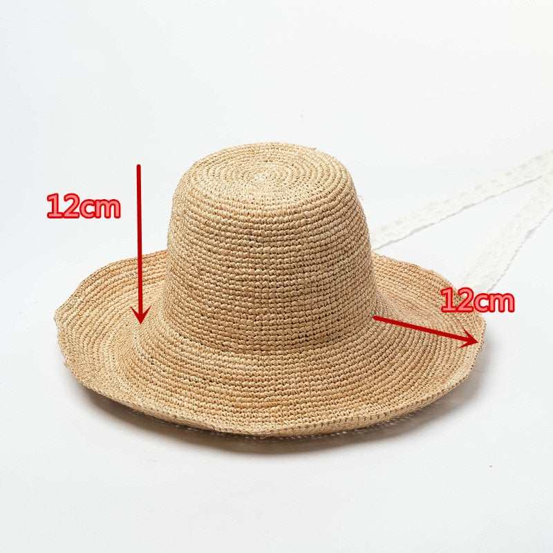 Boho Hat, Sun Hat, Crochet Raffia Bucket Hat, Renata with White Lace Ribbon