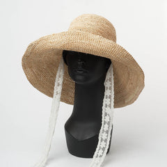 Boho Hat, Sun Hat, Crochet Raffia Bucket Hat, Renata with White Lace Ribbon