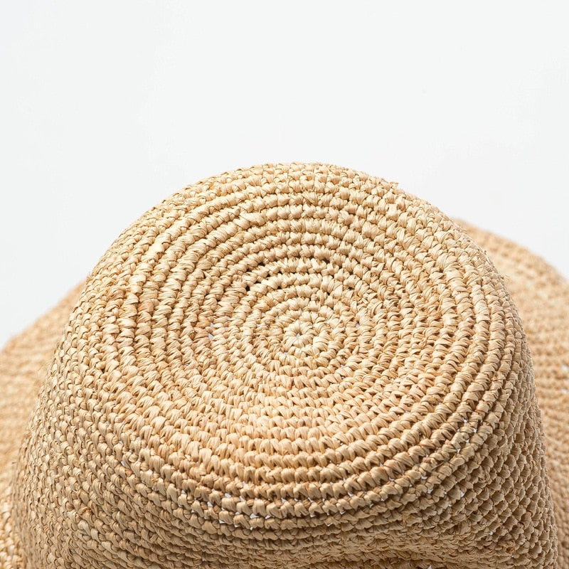 Boho Hat, Sun Hat, Crochet Raffia Bucket Hat, Renata with White Lace Ribbon