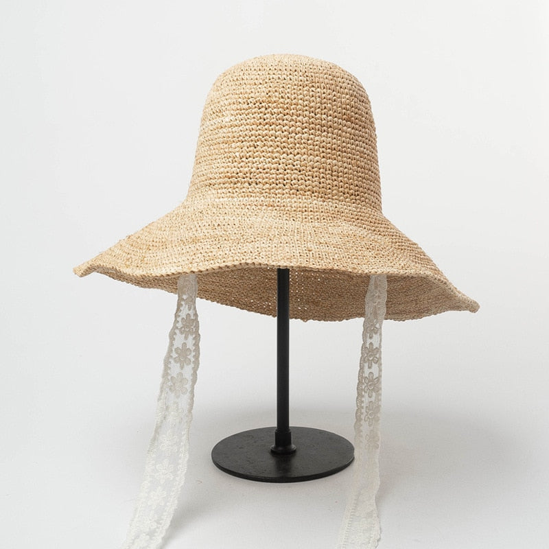 Boho Hat, Sun Hat, Crochet Raffia Bucket Hat, Renata with White Lace Ribbon