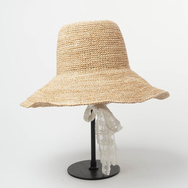 Boho Hat, Sun Hat, Crochet Raffia Bucket Hat, Renata with White Lace Ribbon