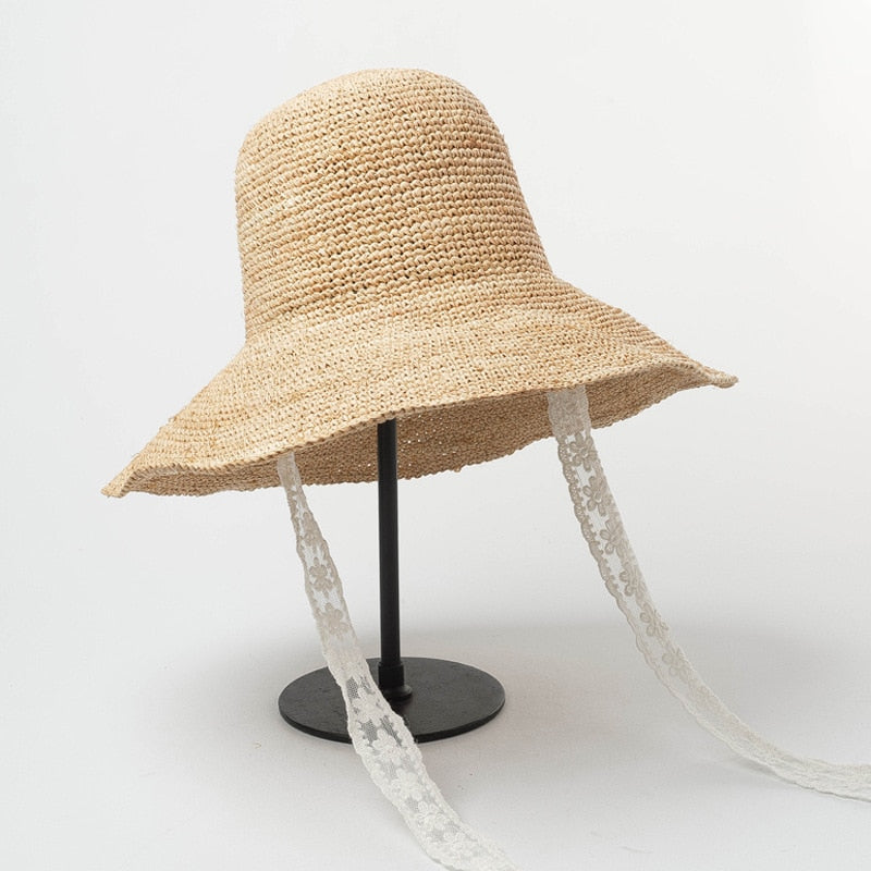 Boho Hat, Sun Hat, Crochet Raffia Bucket Hat, Renata with White Lace Ribbon