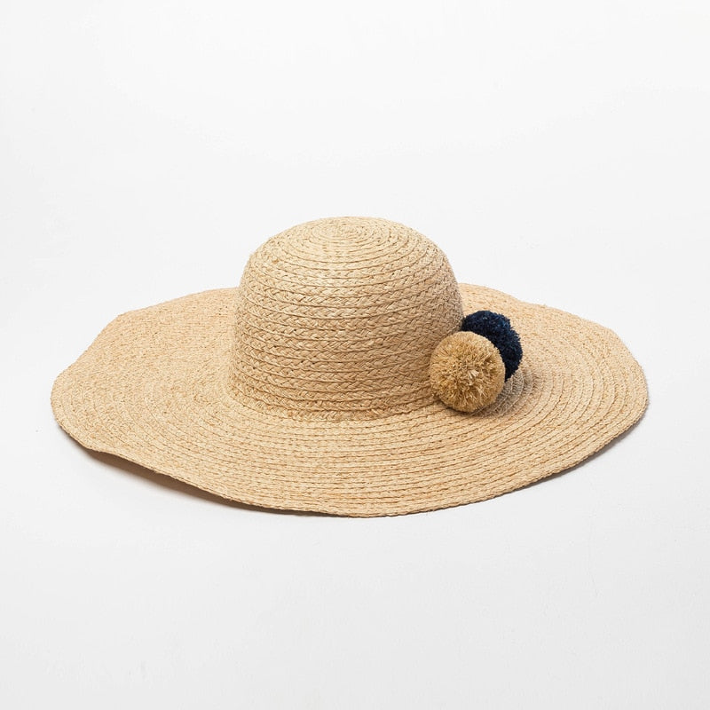 Boho Hat, Sun Beach Hat, Raffia  Fedora Hat, Navy Pom Pom