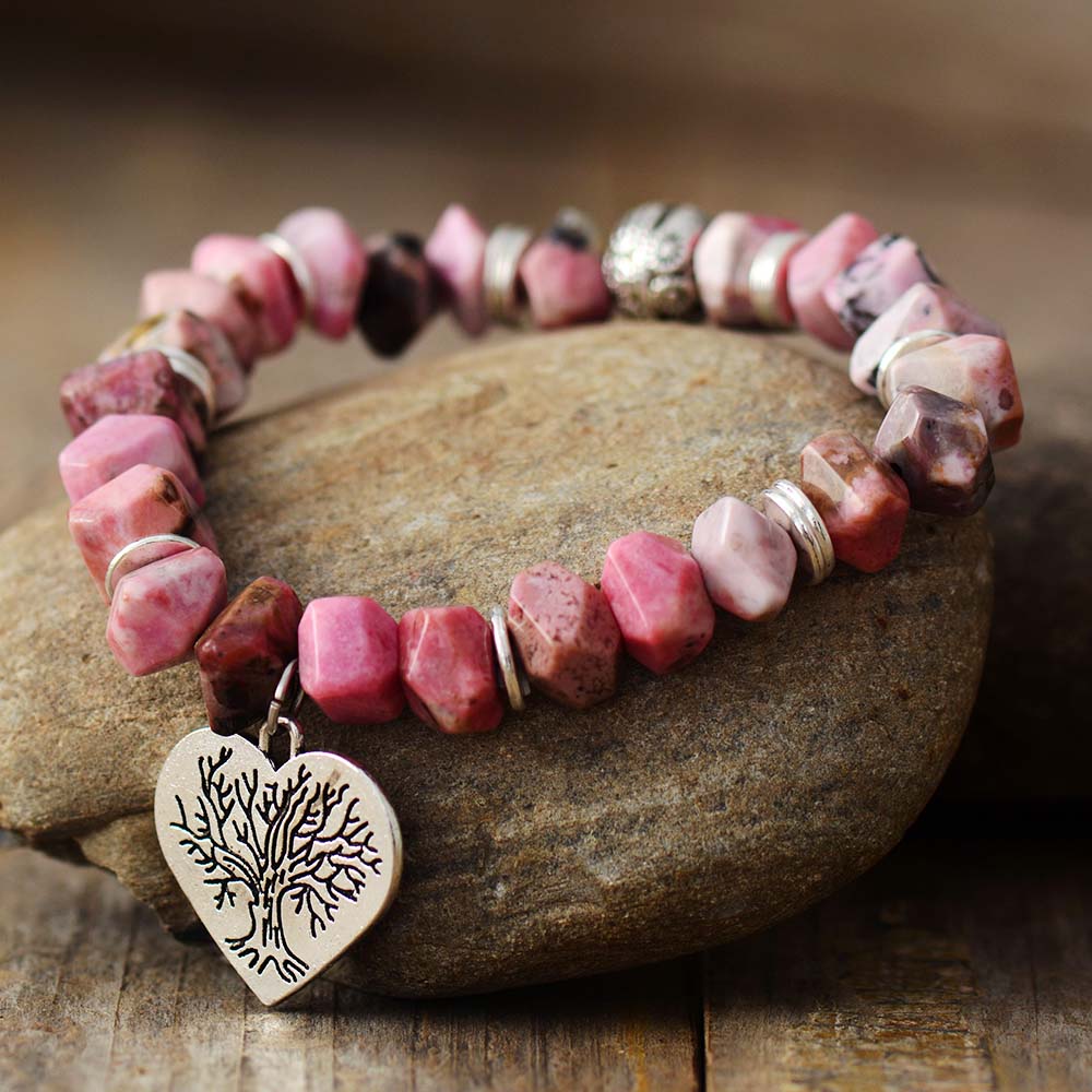 Boho Bracelet, Stretchy Bracelet, Pink Heart Rhodonite