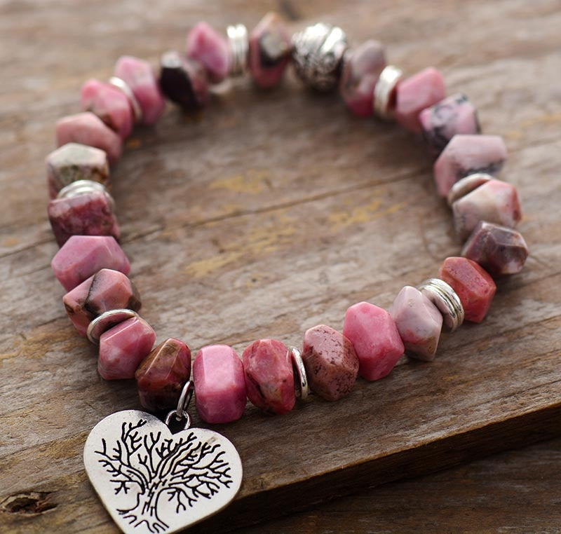 Boho Bracelet, Stretchy Bracelet, Pink Heart Rhodonite