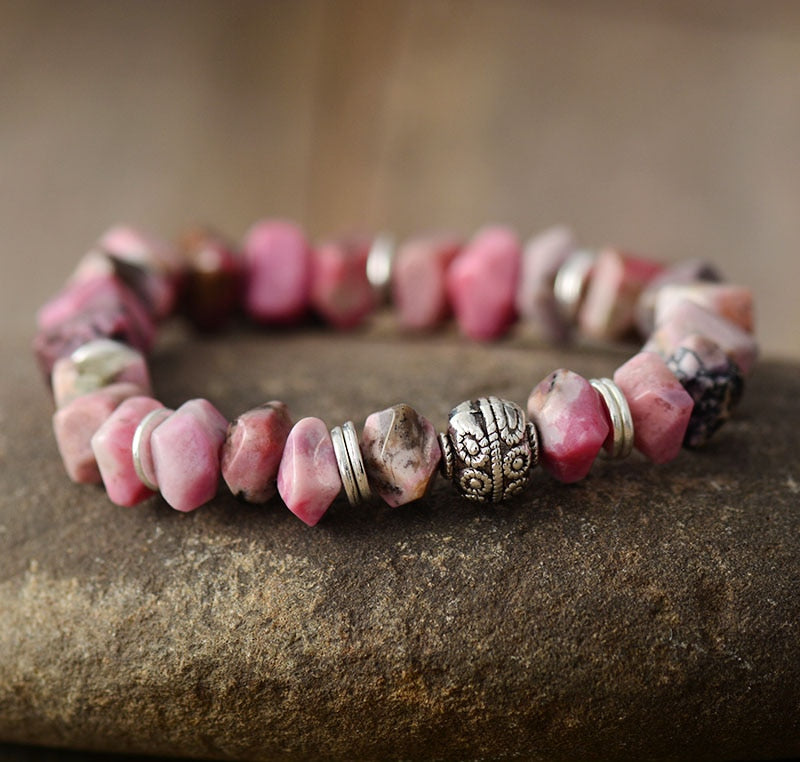 Boho Bracelet, Stretchy Bracelet, Pink Heart Rhodonite