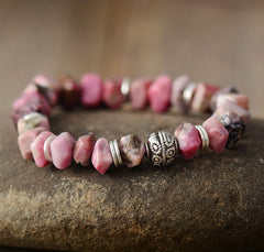 Boho Bracelet, Stretchy Bracelet, Pink Heart Rhodonite