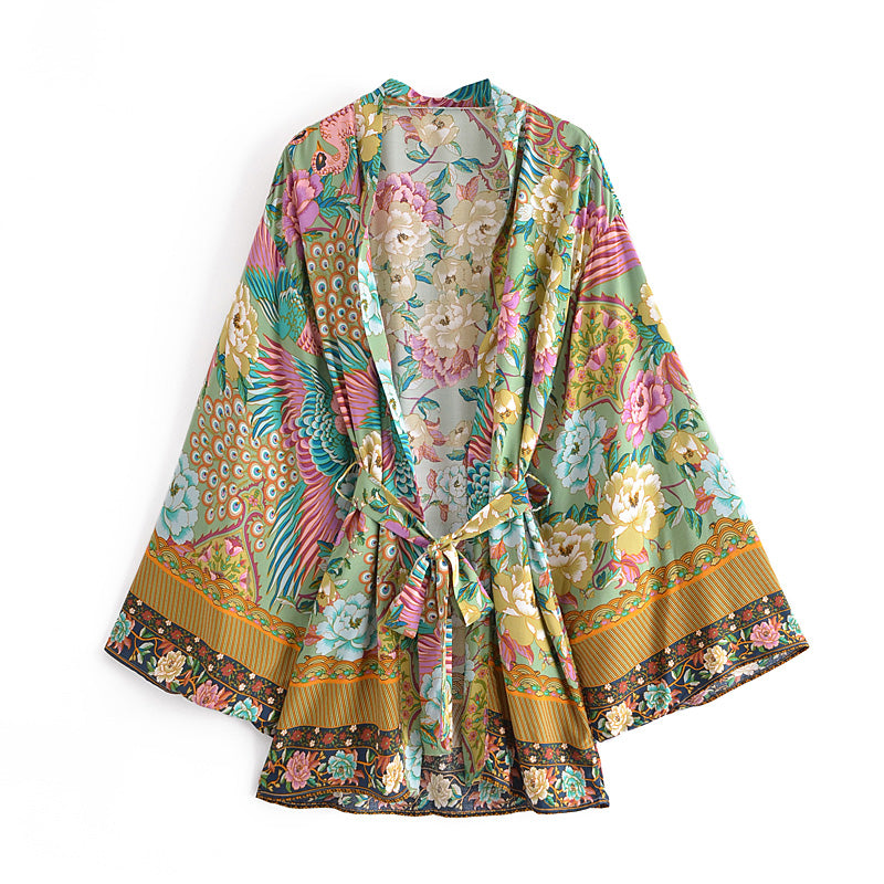Boho Robe, Kimono Robe,  Beach Cover up, Short Robe, Irma Peacock in Gold Green