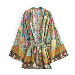 Boho Robe, Kimono Robe,  Beach Cover up, Short Robe, Irma Peacock in Gold Green