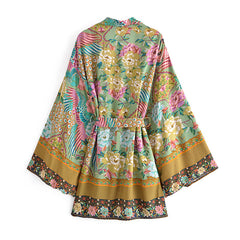 Boho Robe, Kimono Robe,  Beach Cover up, Short Robe, Irma Peacock in Gold Green