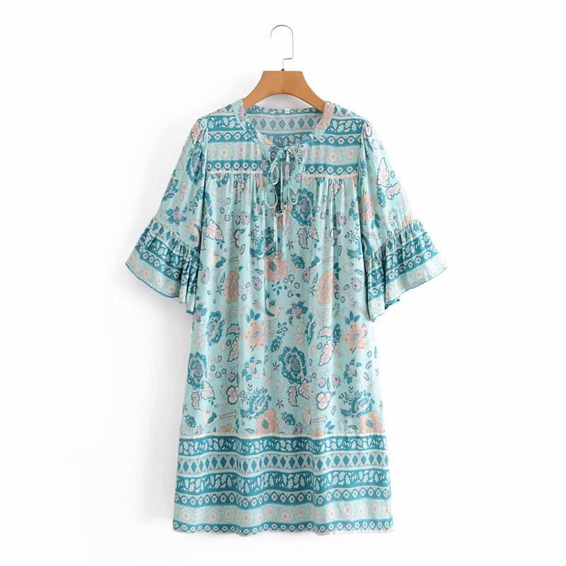Boho Mini Dress Tunic Dress, Sundress, Bird Garden in Blue, Pink and Apricot