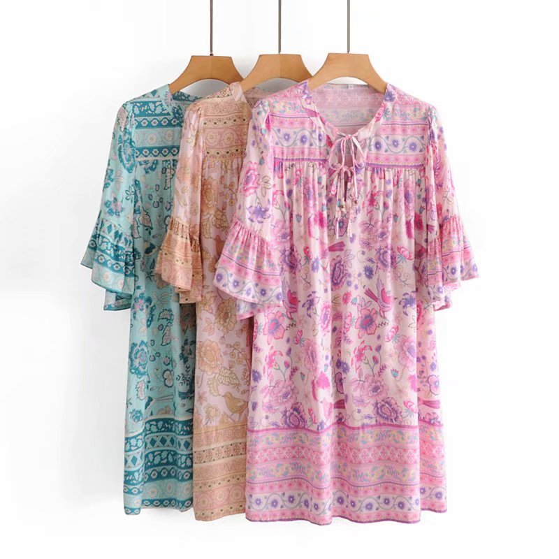 Boho Mini Dress Tunic Dress, Sundress, Bird Garden in Blue, Pink and Apricot