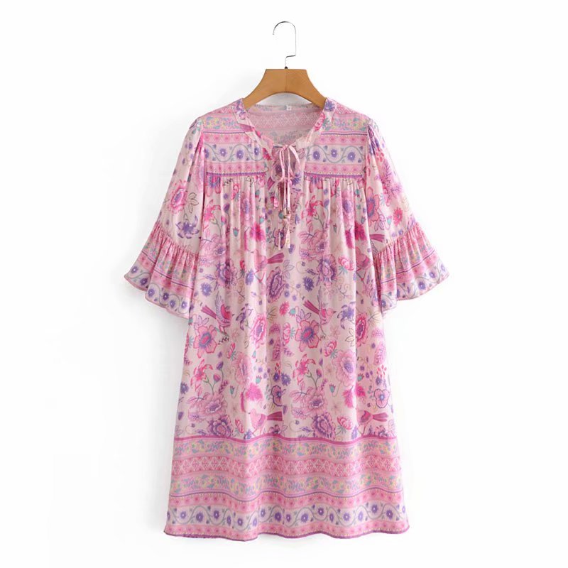 Boho Mini Dress Tunic Dress, Sundress, Bird Garden in Blue, Pink and Apricot