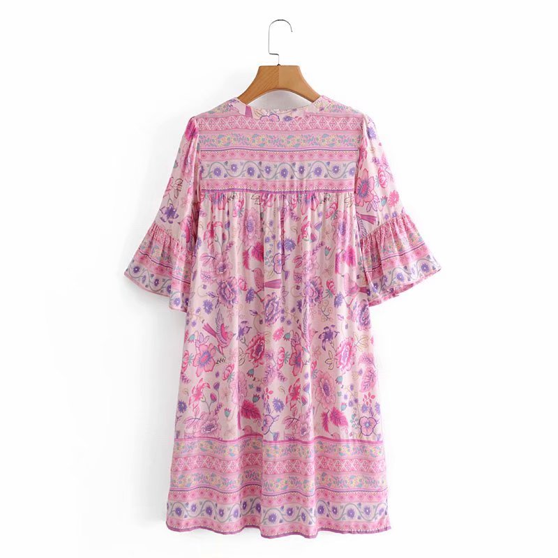 Boho Mini Dress Tunic Dress, Sundress, Bird Garden in Blue, Pink and Apricot