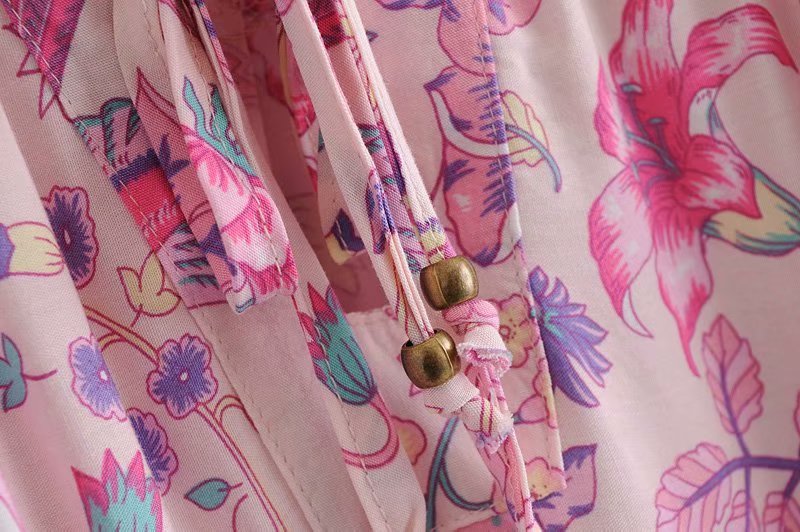 Boho Mini Dress Tunic Dress, Sundress, Bird Garden in Blue, Pink and Apricot