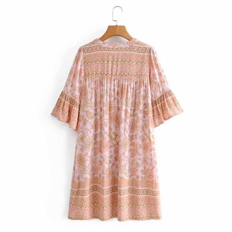 Boho Mini Dress Tunic Dress, Sundress, Bird Garden in Blue, Pink and Apricot
