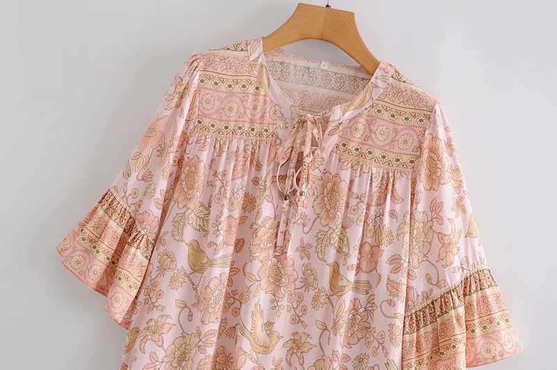 Boho Mini Dress Tunic Dress, Sundress, Bird Garden in Blue, Pink and Apricot