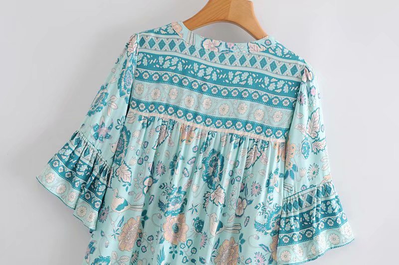Boho Mini Dress Tunic Dress, Sundress, Bird Garden in Blue, Pink and Apricot