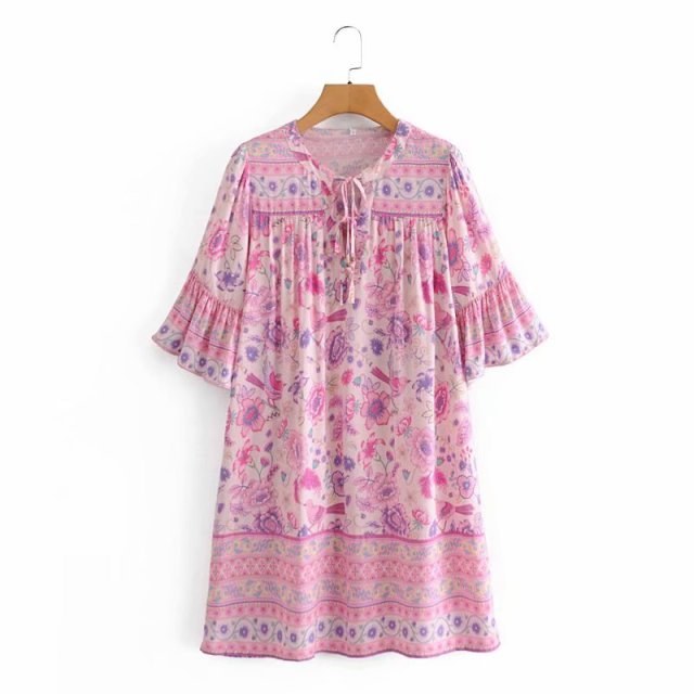 Boho Mini Dress Tunic Dress, Sundress, Bird Garden in Blue, Pink and Apricot