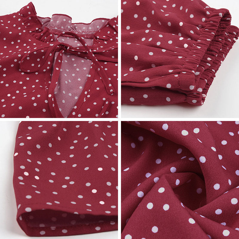 Boho Mini Dress Ruffle Polka Dot in Navy and Red