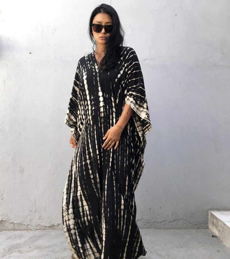 Beach Dress, Maxi Boho Dress, Kaftan Dress, Jose Tie Dye Print in Navy and Black