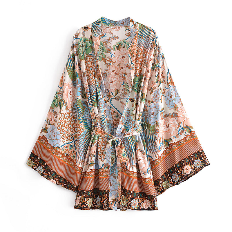 Boho Robe, Kimono Robe,  Beach Cover up, Short Robe, Anna Flamingo in Brown