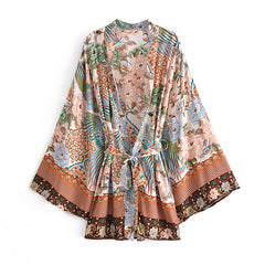 Boho Robe, Kimono Robe,  Beach Cover up, Short Robe, Anna Flamingo in Brown