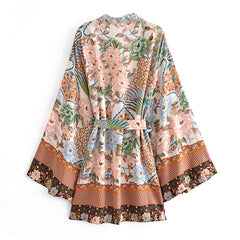 Boho Robe, Kimono Robe,  Beach Cover up, Short Robe, Anna Flamingo in Brown
