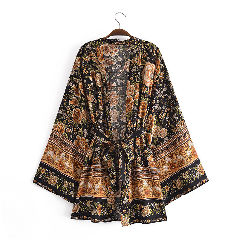 Boho Robe, Kimono Robe,  Beach Cover up, Short Robe, Esme Rosa Black Midnight