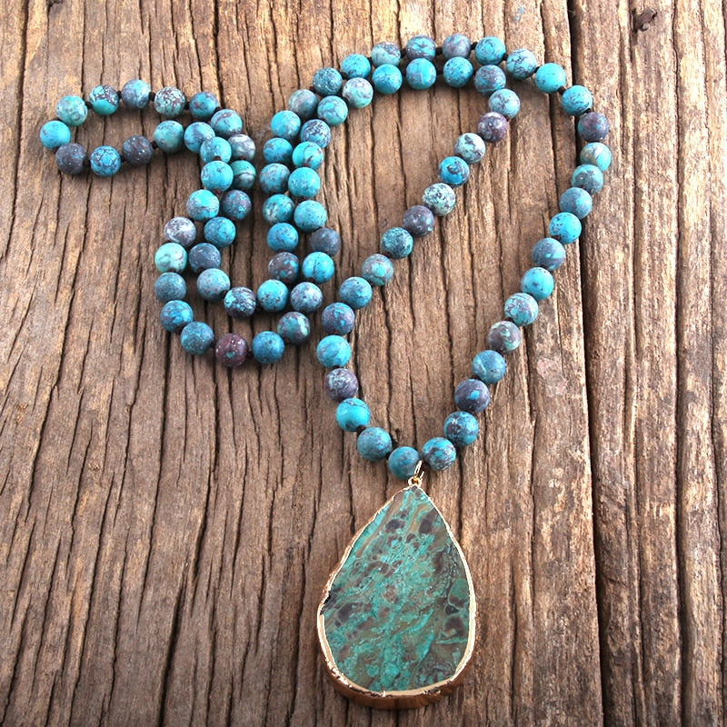 Boho Necklace, RH India Agated Blue and  Green Natural Stone