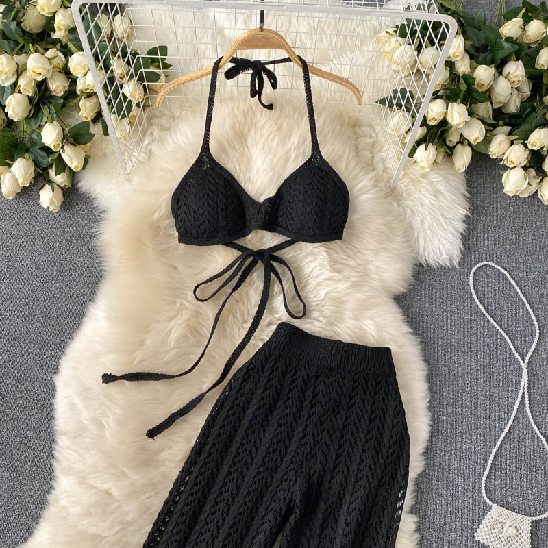 Vintage Two Piece Set, Boho Matching Knitted Bikini and Pant, Roxana Beach in Brown and Black