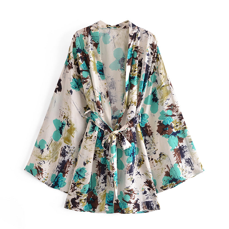 Boho Robe, Kimono Robe,  Beach Cover up, Short Robe, Calla White Flower Painting