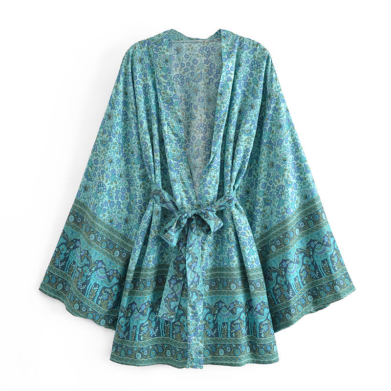 Boho Robe, Kimono Robe,  Beach Cover up, Short Robe, Moon Light in Coffee and Blue Sea