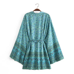 Boho Robe, Kimono Robe,  Beach Cover up, Short Robe, Moon Light in Coffee and Blue Sea