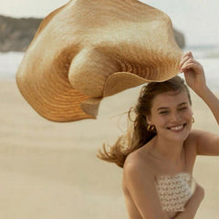 Boho Hat, Sun Beach Hat, Extra Wide Brim Raffia Hat, Luciana in Beige (brim 25 cm)