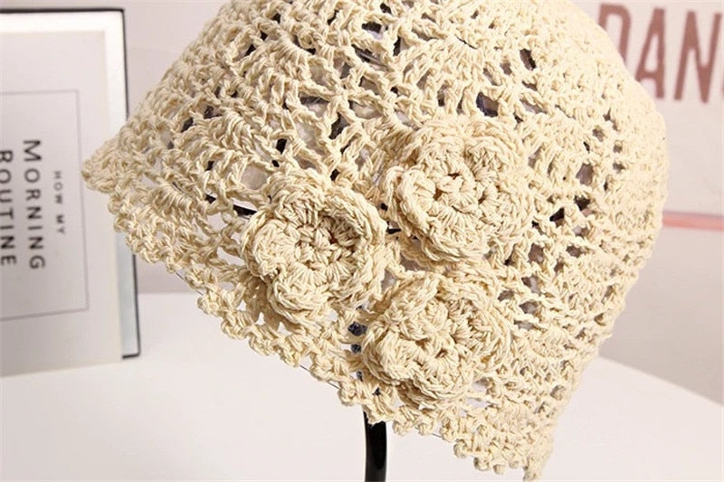 Boho Hat, Crochet Bucket Hat, Emmie Flower in Black, White, Yellow and Beige