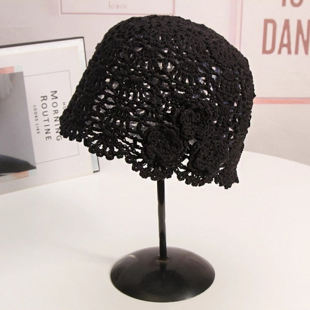 Boho Hat, Crochet Bucket Hat, Emmie Flower in Black, White, Yellow and Beige