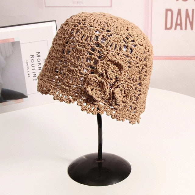 Boho Hat, Crochet Bucket Hat, Emmie Flower in Black, White, Yellow and Beige