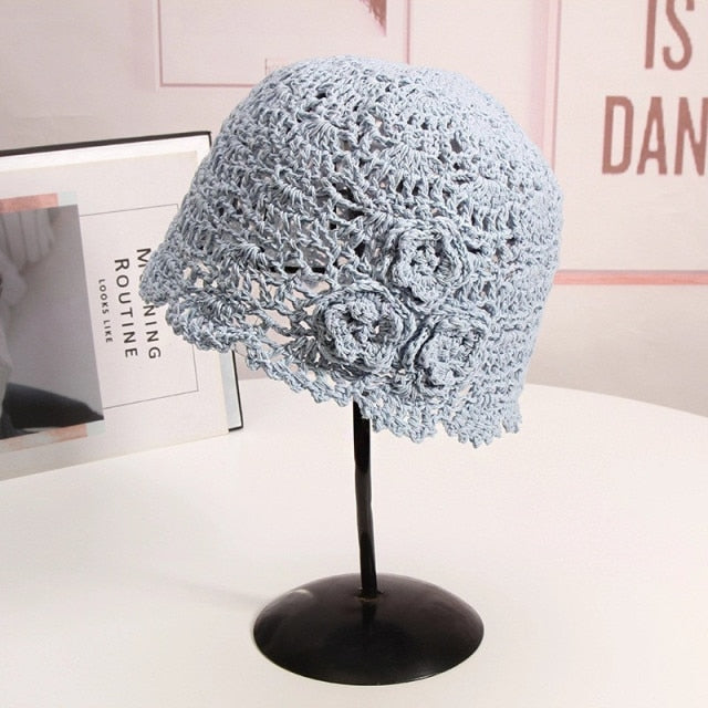 Boho Hat, Crochet Bucket Hat, Emmie Flower in Black, White, Yellow and Beige
