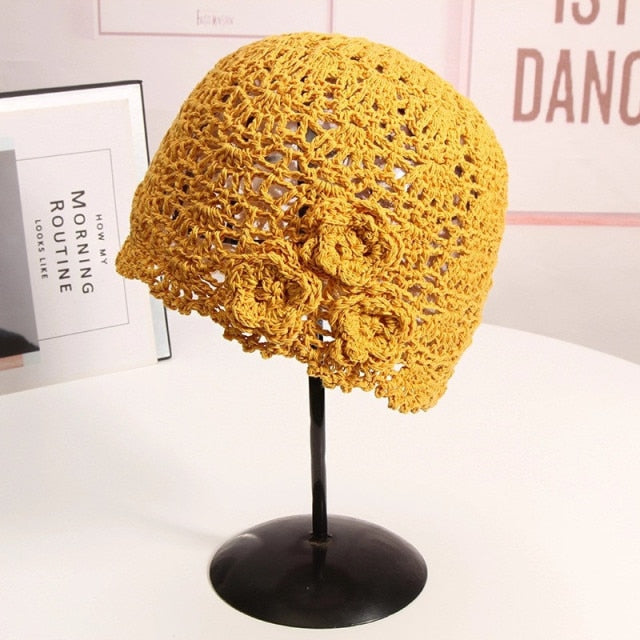 Boho Hat, Crochet Bucket Hat, Emmie Flower in Black, White, Yellow and Beige