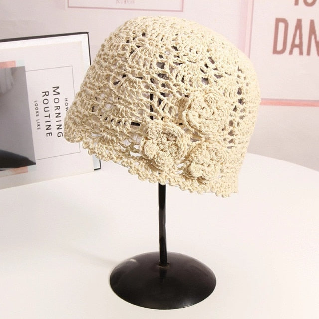 Boho Hat, Crochet Bucket Hat, Emmie Flower in Black, White, Yellow and Beige